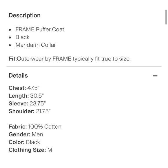 FRAME Mens Black Puffer Coat Streetwear Long Sleeve Button Front Jacket Medium - Picture 4 of 4